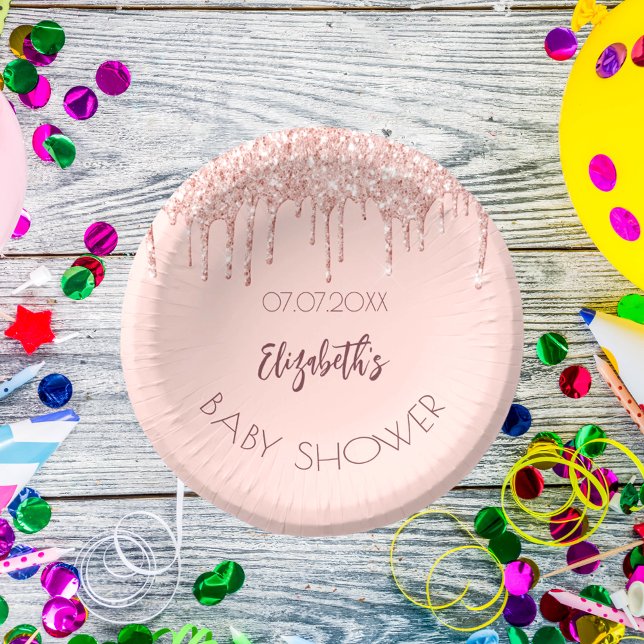 Baby Shower rose gold glitter drips name Paper Plate (Creator Uploaded)