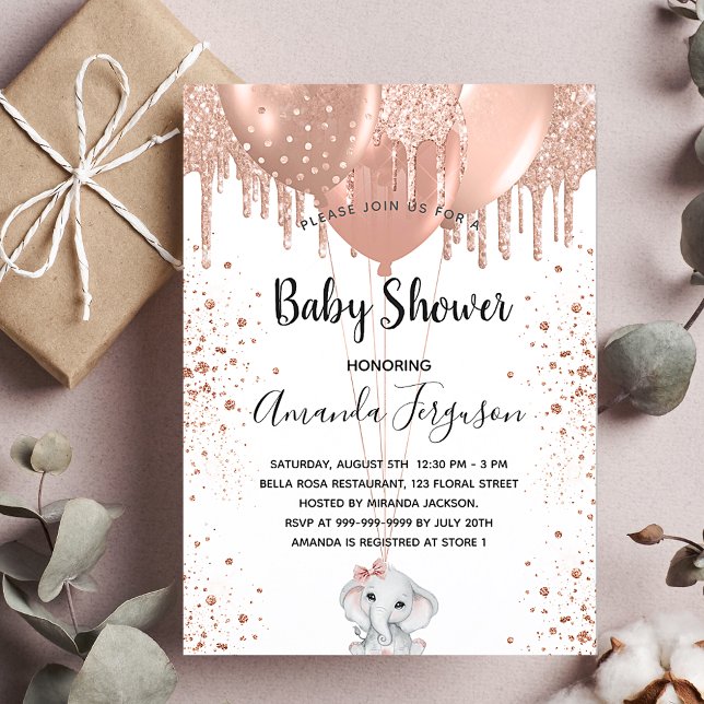 Baby Shower rose gold glitter elephant balloons Invitation Postcard (Creator Uploaded)