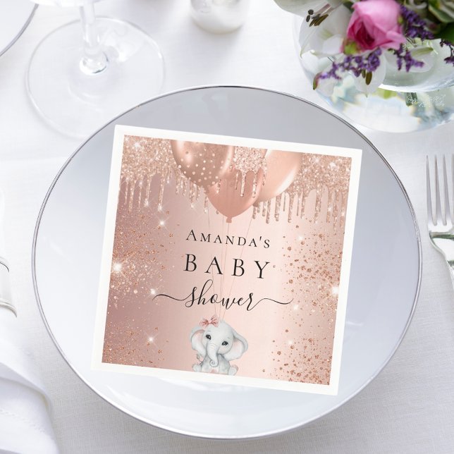 Baby Shower rose gold glitter elephant balloons Napkin (Creator Uploaded)