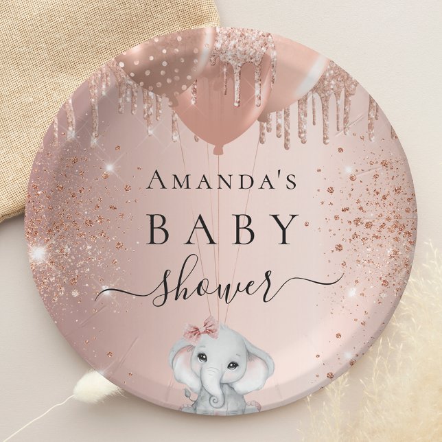 Baby Shower rose gold glitter elephant balloons  Paper Plate (Creator Uploaded)