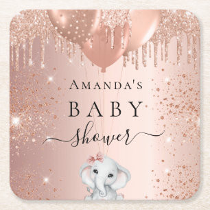 Baby Shower rose gold glitter elephant balloons Square Paper Coaster