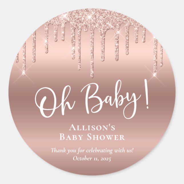 Baby Shower Rose Gold Glitter Thank You Classic Round Sticker (Front)