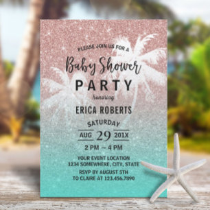 Baby Shower Rose Gold Glitter Tropical Palm Tree Invitation