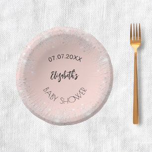 Baby Shower rose gold silver glitter girl name Paper Plate