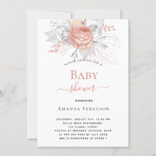 Baby Shower rose gold silver white florals elegant Invitation