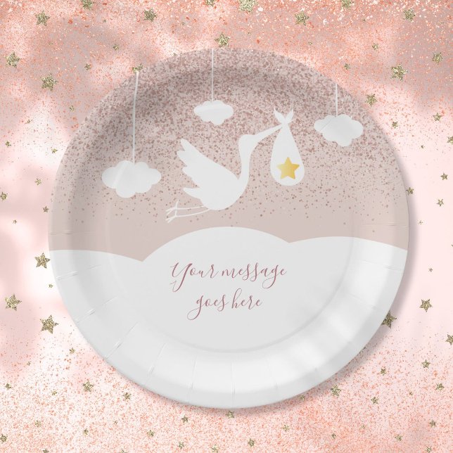 Baby Shower Rose Gold Star Glitter Stork Paper Plate (Baby Shower Rose Gold Star Glitter Stork Paper Plates)