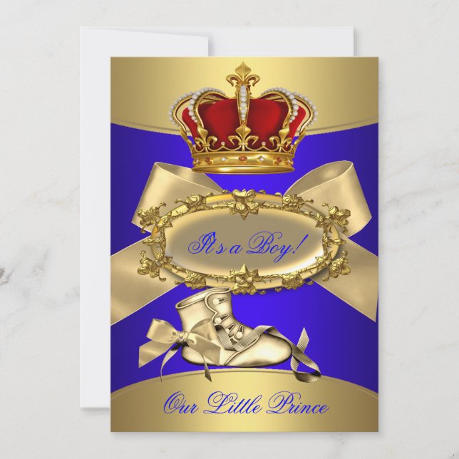 Baby Shower Royal Blue Gold Boy crown prince Invitation (Front)
