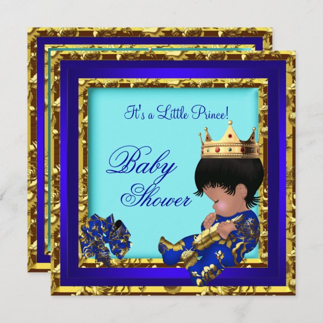 Baby Shower Royal Blue Gold Boy crown prince Invitation (Front/Back)