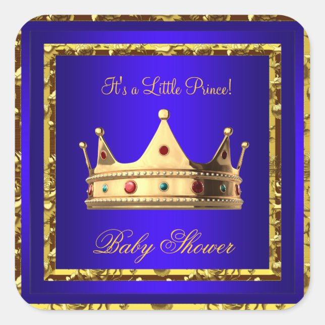 Baby Shower Royal Blue Gold Boy crown prince Square Sticker (Front)