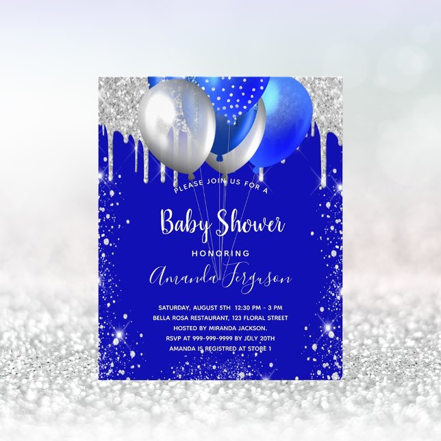 Baby shower royal blue silver budget invitation flyer (Creator Uploaded)