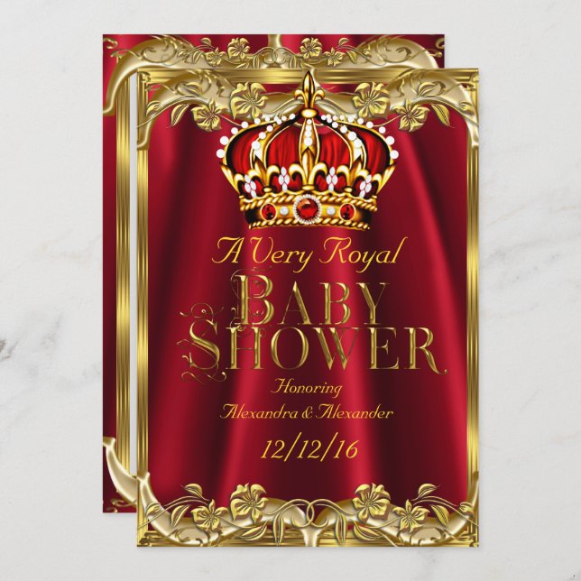 Baby Shower Royal Regal Red Gold Crown Invitation (Front/Back)