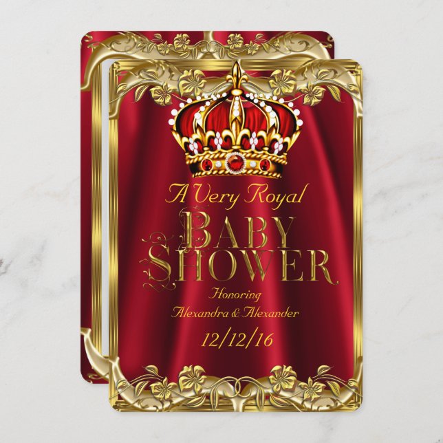 Baby Shower Royal Regal Red Gold Crown Invitation (Front/Back)