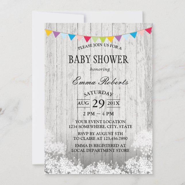 Baby Shower Rustic Baby's Breath White Wood Invitation (Front)