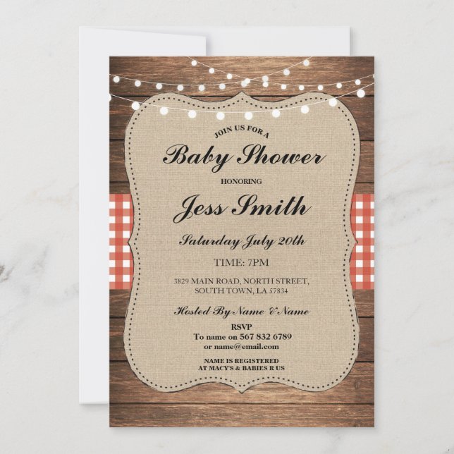Baby Shower Rustic Burlap Red Wood BBQ Invite (Front)