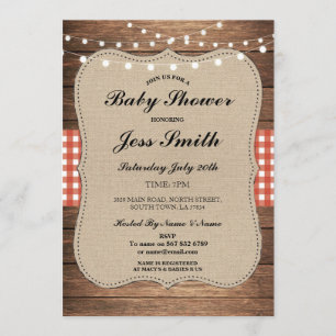 Baby Shower Rustic Burlap Red Wood BBQ Invite