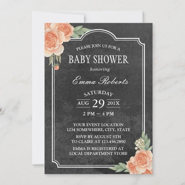 Baby Shower Rustic Chalkboard Vintage Floral Invitation (Front)