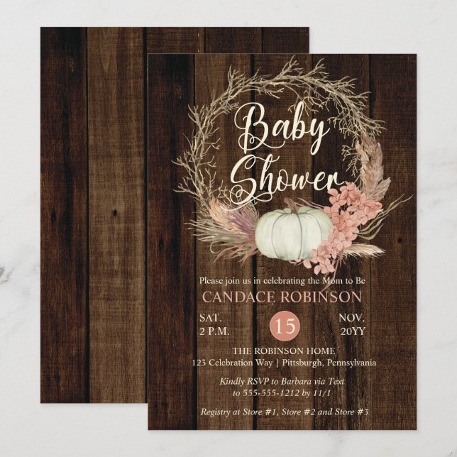 Baby Shower - Rustic Pumpkin Pampas Wreath  Invitation (Front/Back)