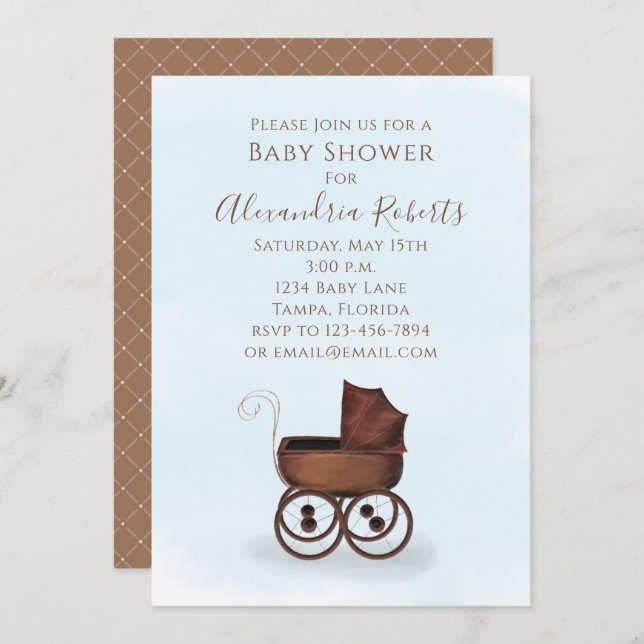 Baby Shower Rustic Watercolor Boy Blue Carriage Invitation (Front/Back)