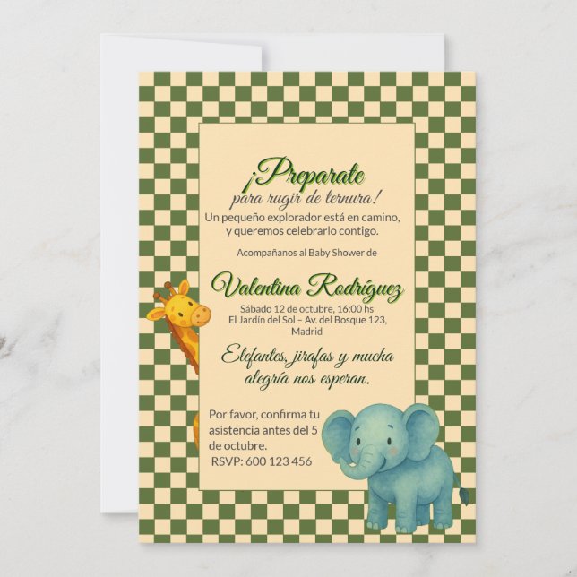 Baby Shower Safari Editable Chess pattern Elephant Invitation (Front)