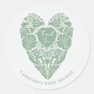 Baby shower sage green folk flower heart  classic round sticker