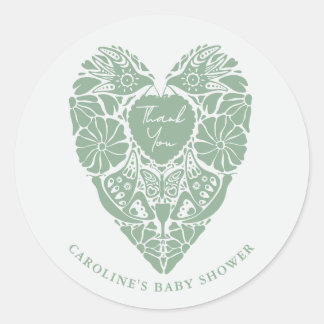 Baby shower sage green folk flower heart  classic round sticker