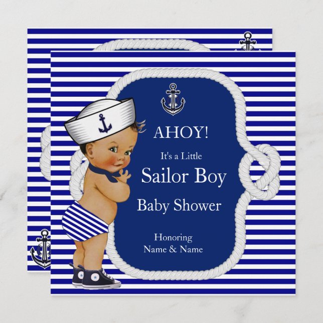 Baby Shower Sailor Boy Blue Stripe Brunette Invitation (Front/Back)