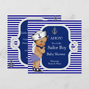 Baby Shower Sailor Boy Blue Stripe Brunette Invitation