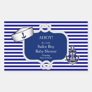Baby Shower Sailor Hat Boy Blue Stripe Rectangular Sticker