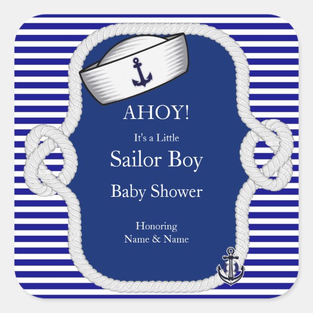 Baby Shower Sailor Hat Boy Blue Stripe Square Sticker (Front)