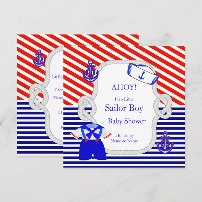 Baby Shower Sailor Suit Boy Red Royal Blue Stripe Invitation (Front/Back)