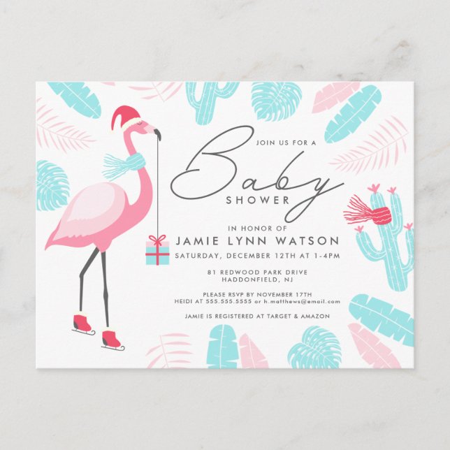 BABY SHOWER | Santa Claus Flamingo Invitation Postcard (Front)
