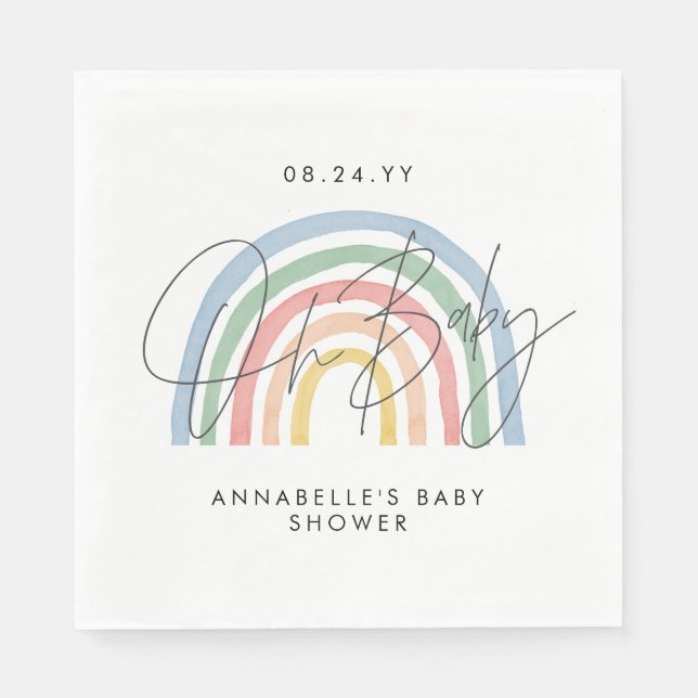 Baby shower script colourful watercolor rainbow napkin (Front)