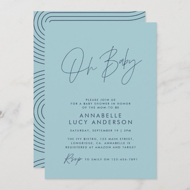 Baby shower script modern baby blue stylish invitation (Front/Back)