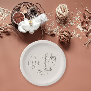 Baby shower script modern black and white elegant paper plate