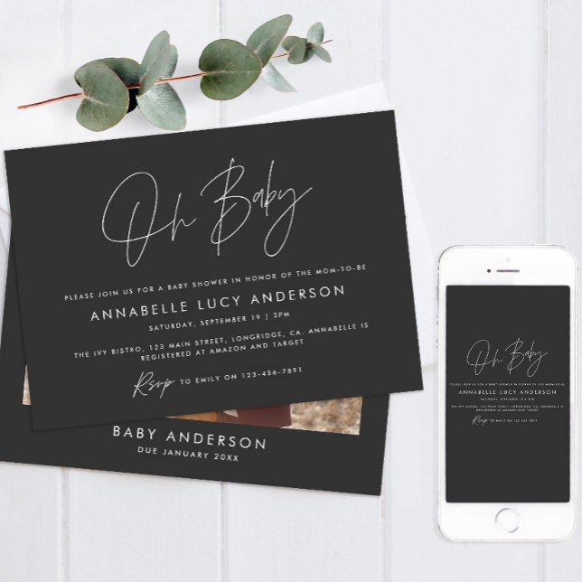 Baby shower script modern black boho photo invitation (Creator Uploaded)