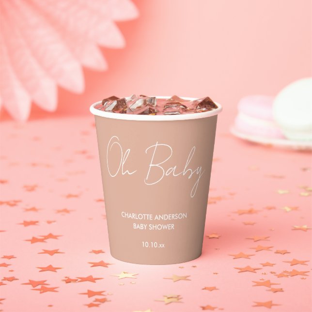 Baby shower script modern blush pink elegant paper cups (Insitu)