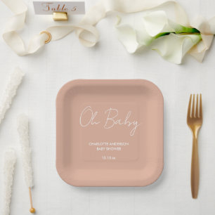 Baby shower script modern blush pink elegant paper plate