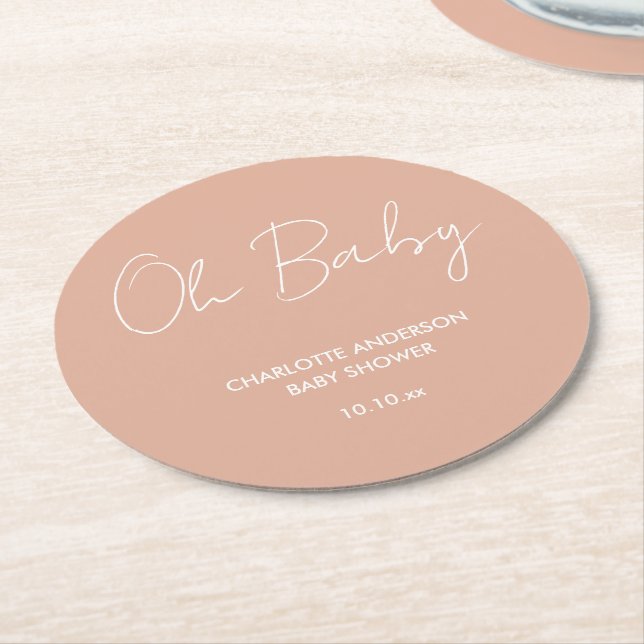 Baby shower script modern blush pink elegant round paper coaster (Angled)