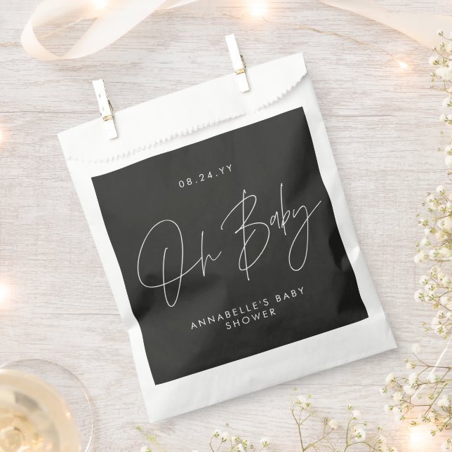Baby shower script modern bold black guest favour bag (Clipped)