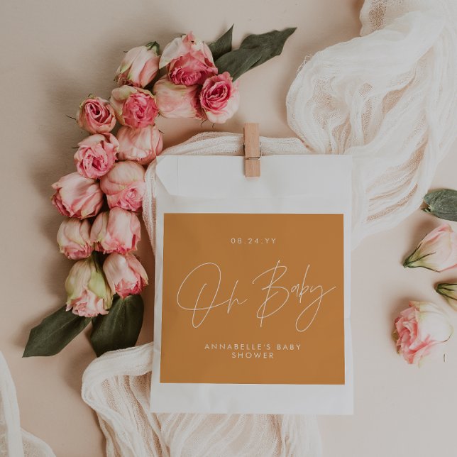 Baby shower script modern bold orange guest favour bag (Creator Uploaded)
