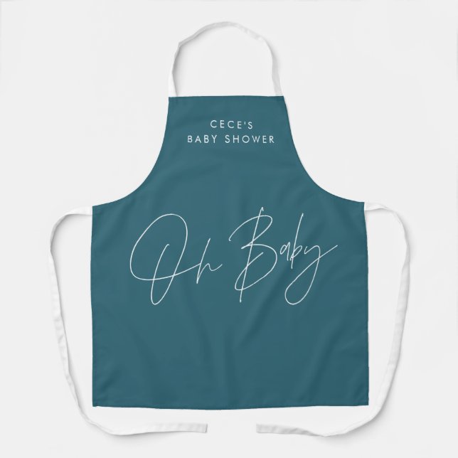 Baby shower script modern bold teal blue elegant apron (Front)