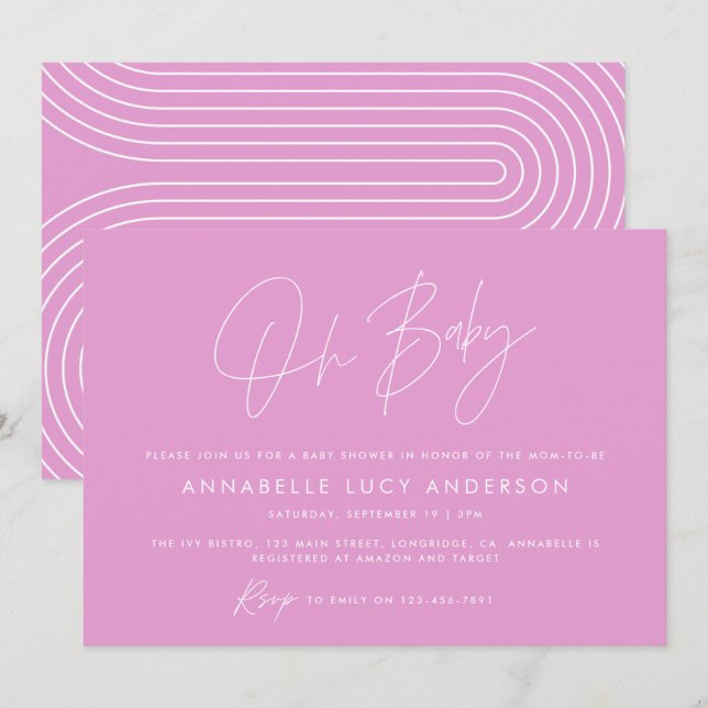 Baby shower script modern bright cerise pink girly invitation (Front/Back)