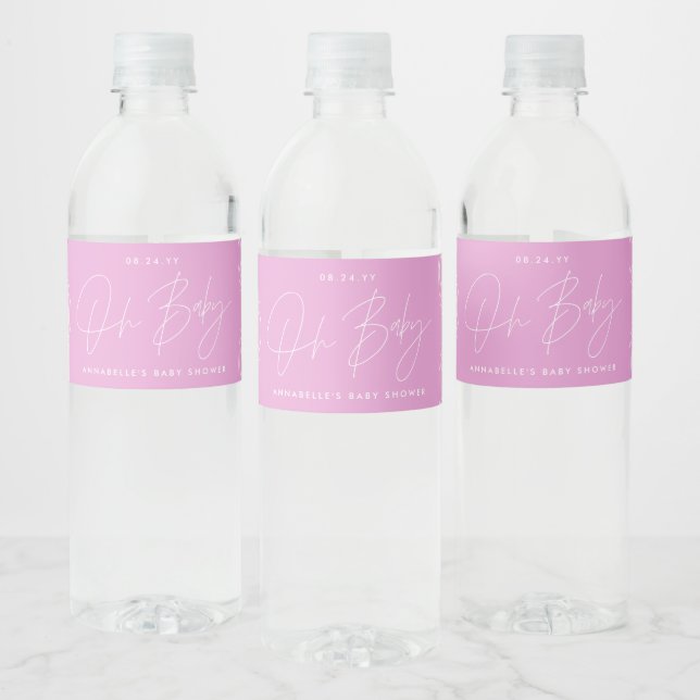 Baby shower script modern bright pink elegant water bottle label (Bottles)