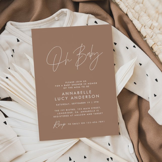 Baby shower script modern brown tan elegant invitation (Creator Uploaded)