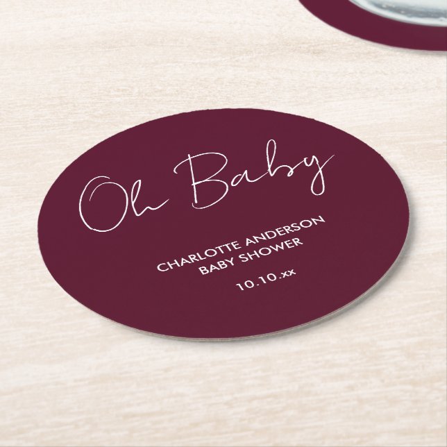 Baby shower script modern burgundy elegant round paper coaster (Angled)
