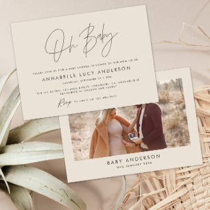 Baby shower script modern cream natural boho photo invitation