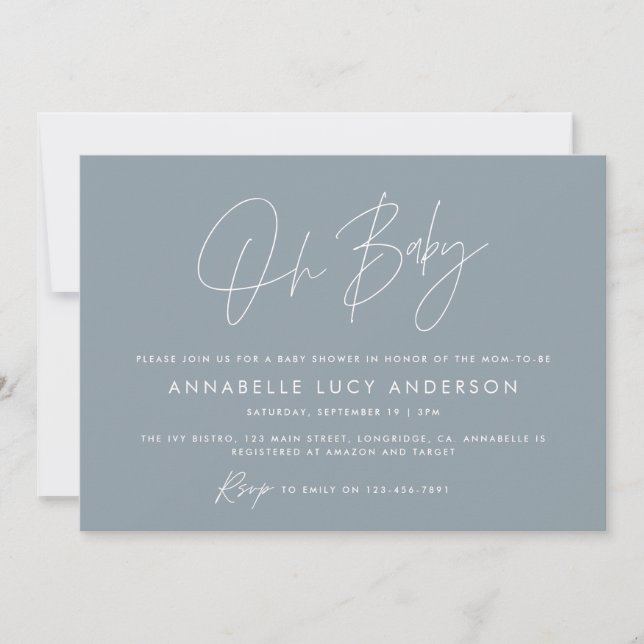 Baby shower script modern dusty blue boho invitation (Front)
