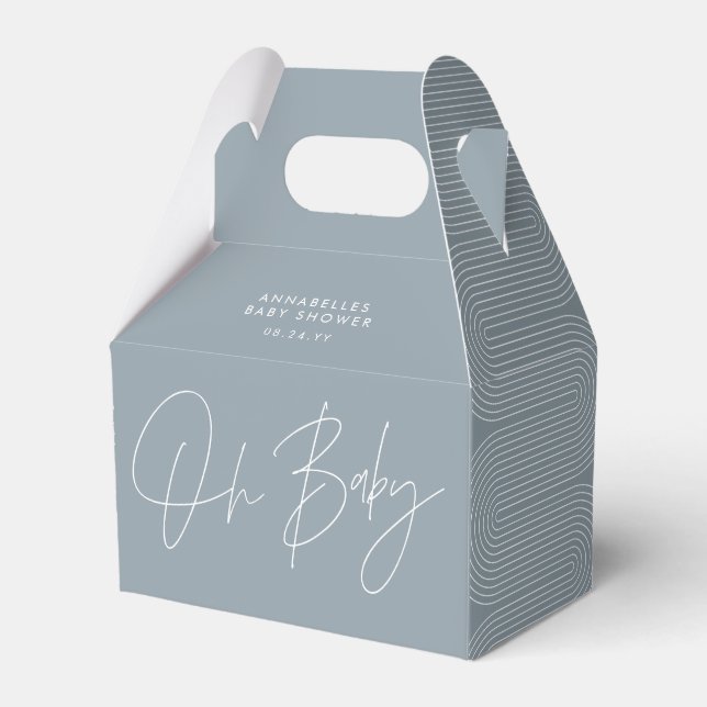 Baby shower script modern dusty blue geometric favour box (Front Side)