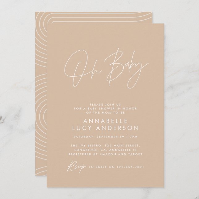 Baby shower script modern elegant natural beige invitation (Front/Back)