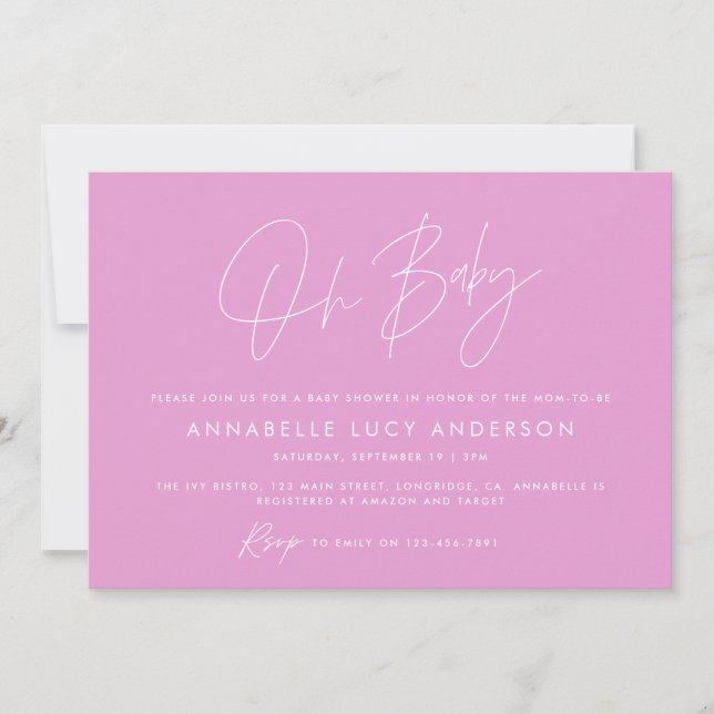 Baby shower script modern elegant photo girly pink invitation (Front)